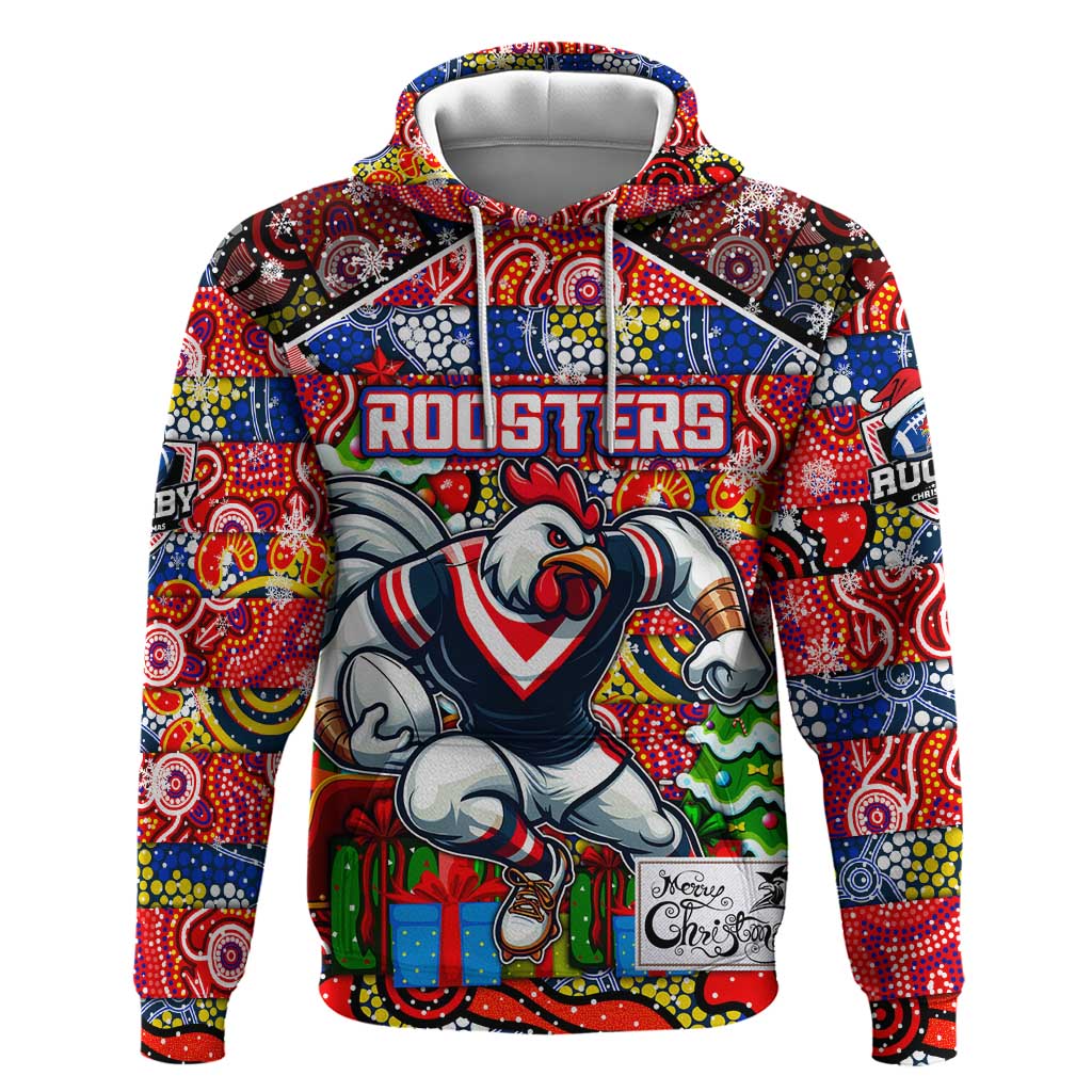 Custom Roosters Rugby Merry Christmas Hoodie Indigenous Australian Art