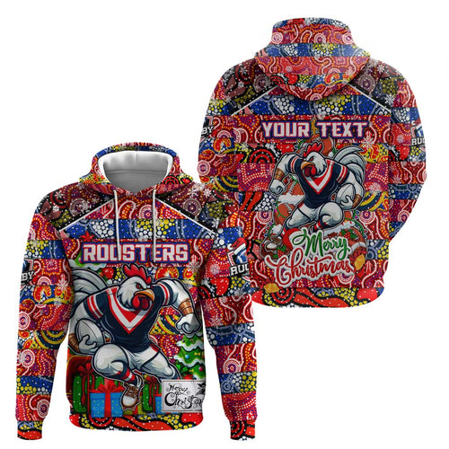 Custom Roosters Rugby Merry Christmas Hoodie Indigenous Australian Art