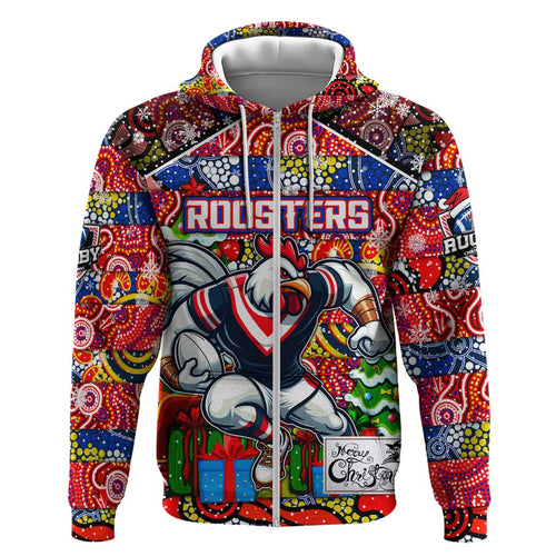 Custom Roosters Rugby Merry Christmas Hoodie Indigenous Australian Art