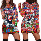 Custom Roosters Rugby Merry Christmas Hoodie Dress Indigenous Australian Art