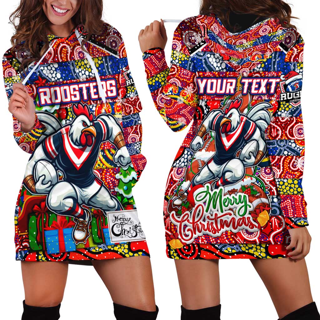 Custom Roosters Rugby Merry Christmas Hoodie Dress Indigenous Australian Art