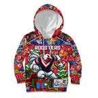 Custom Roosters Rugby Merry Christmas Kid Hoodie Indigenous Australian Art