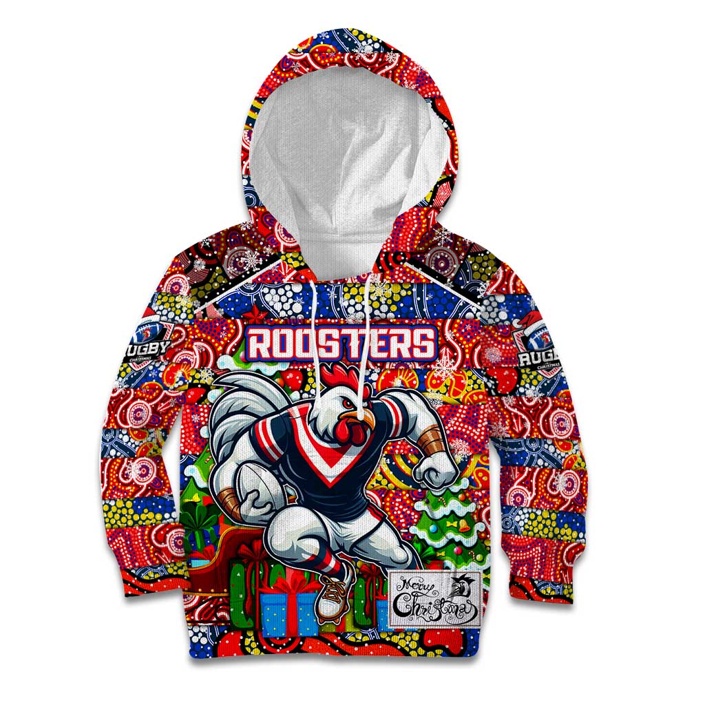 Custom Roosters Rugby Merry Christmas Kid Hoodie Indigenous Australian Art