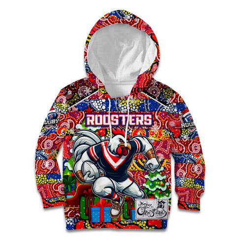 Custom Roosters Rugby Merry Christmas Kid Hoodie Indigenous Australian Art