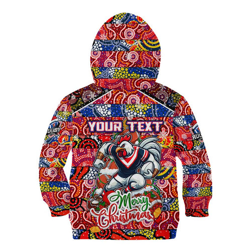 Custom Roosters Rugby Merry Christmas Kid Hoodie Indigenous Australian Art