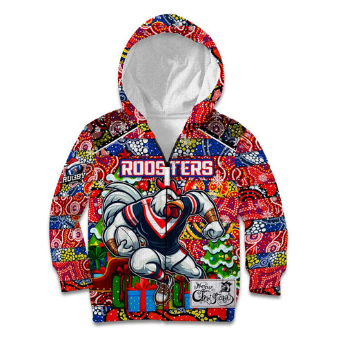 Custom Roosters Rugby Merry Christmas Kid Hoodie Indigenous Australian Art