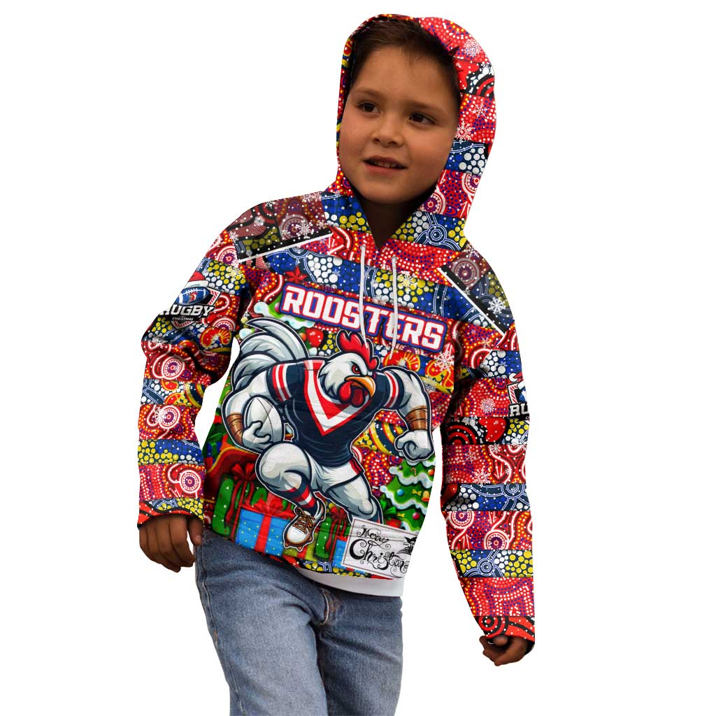 Custom Roosters Rugby Merry Christmas Kid Hoodie Indigenous Australian Art