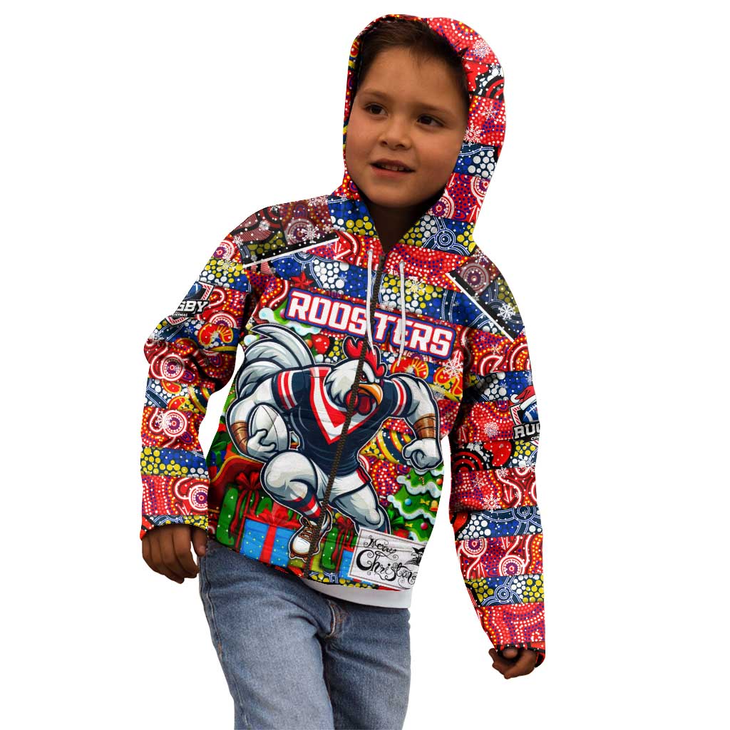 Custom Roosters Rugby Merry Christmas Kid Hoodie Indigenous Australian Art