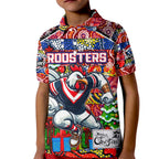 Custom Roosters Rugby Merry Christmas Kid Polo Shirt Indigenous Australian Art