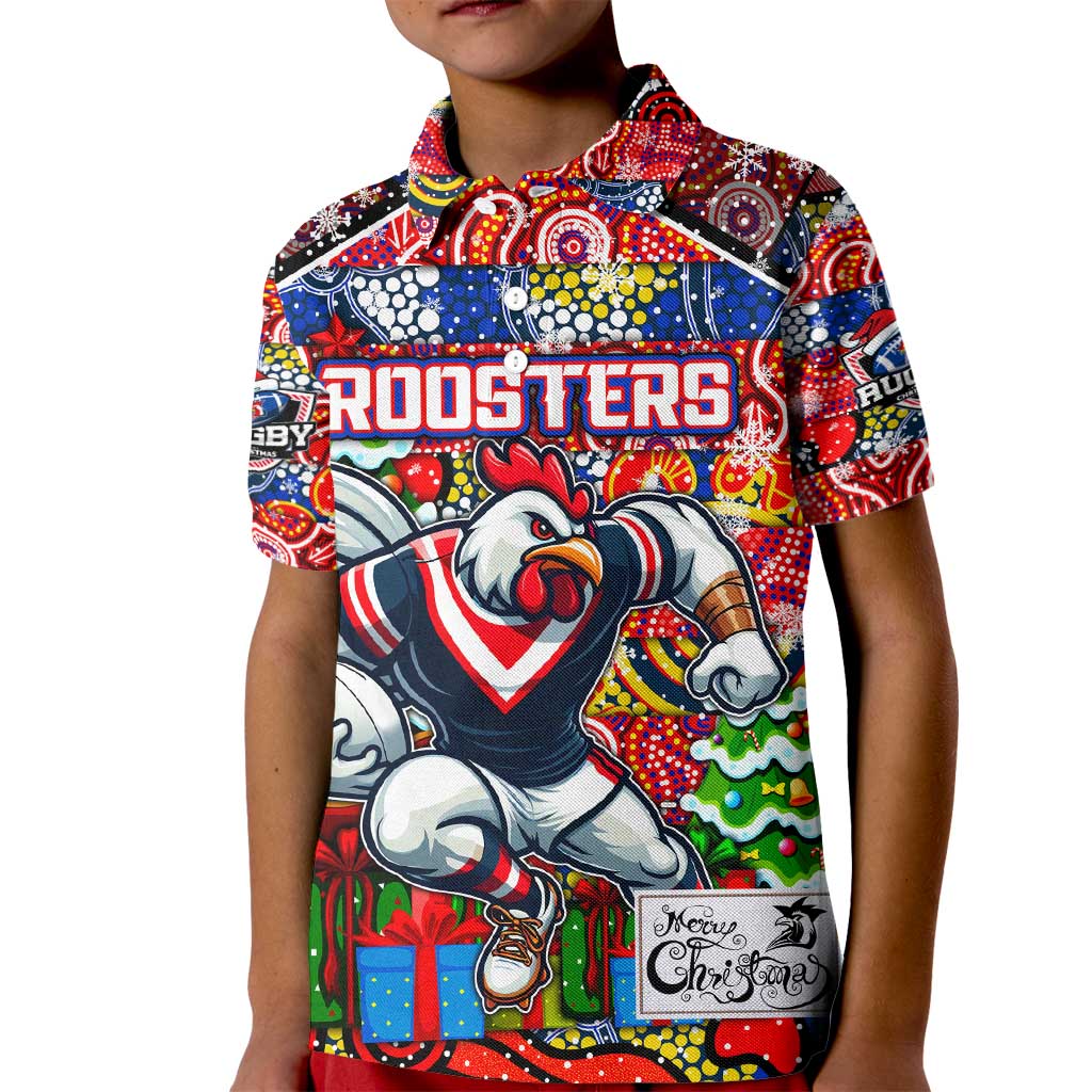 Custom Roosters Rugby Merry Christmas Kid Polo Shirt Indigenous Australian Art