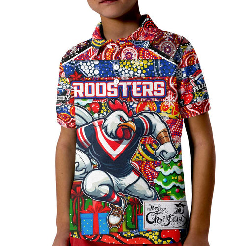 Custom Roosters Rugby Merry Christmas Kid Polo Shirt Indigenous Australian Art
