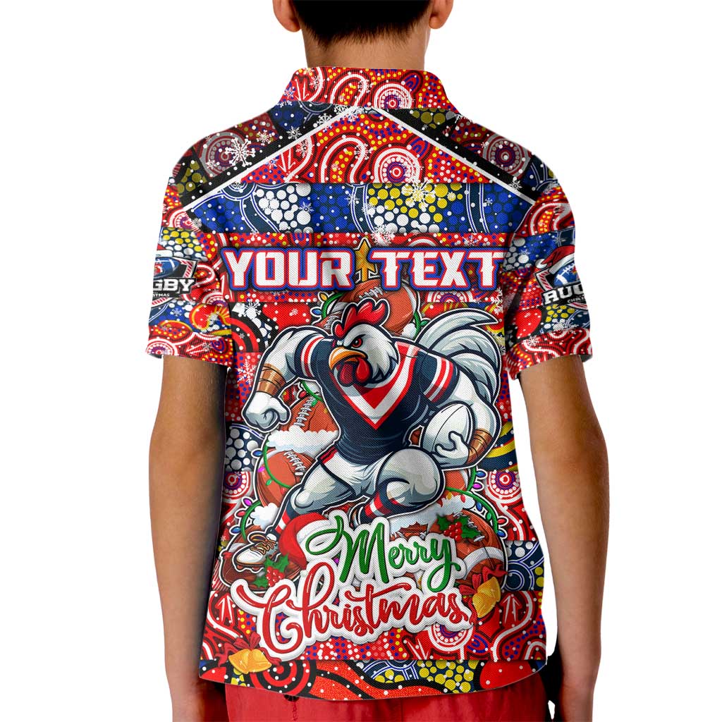 Custom Roosters Rugby Merry Christmas Kid Polo Shirt Indigenous Australian Art