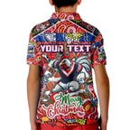 Custom Roosters Rugby Merry Christmas Kid Polo Shirt Indigenous Australian Art