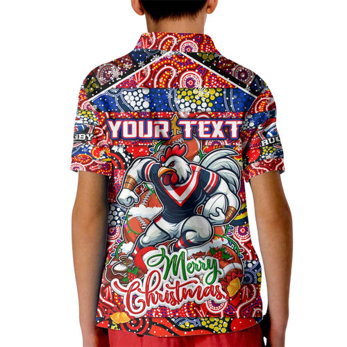 Custom Roosters Rugby Merry Christmas Kid Polo Shirt Indigenous Australian Art