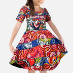 Custom Roosters Rugby Merry Christmas Kid Short Sleeve Dress Indigenous Australian Art