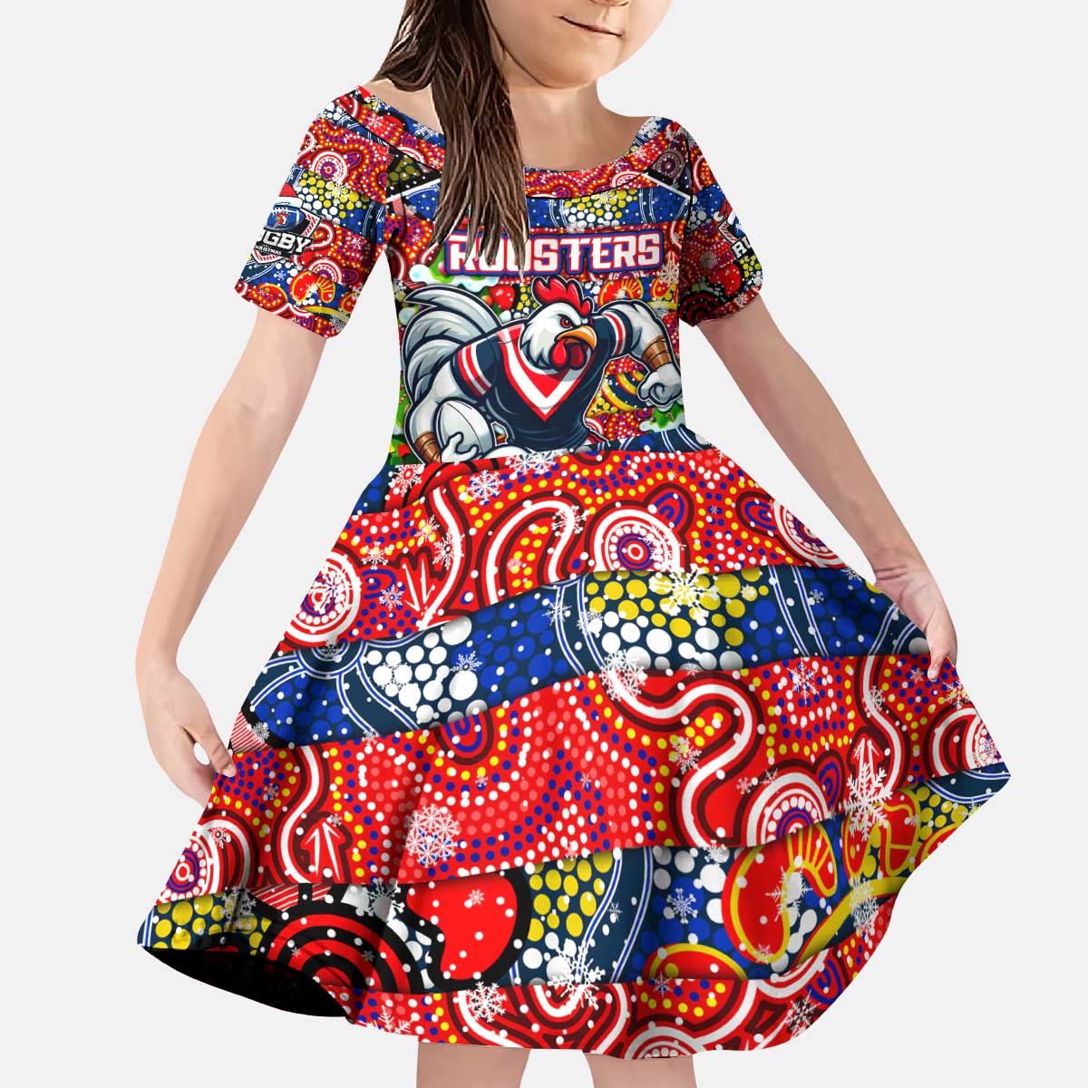Custom Roosters Rugby Merry Christmas Kid Short Sleeve Dress Indigenous Australian Art