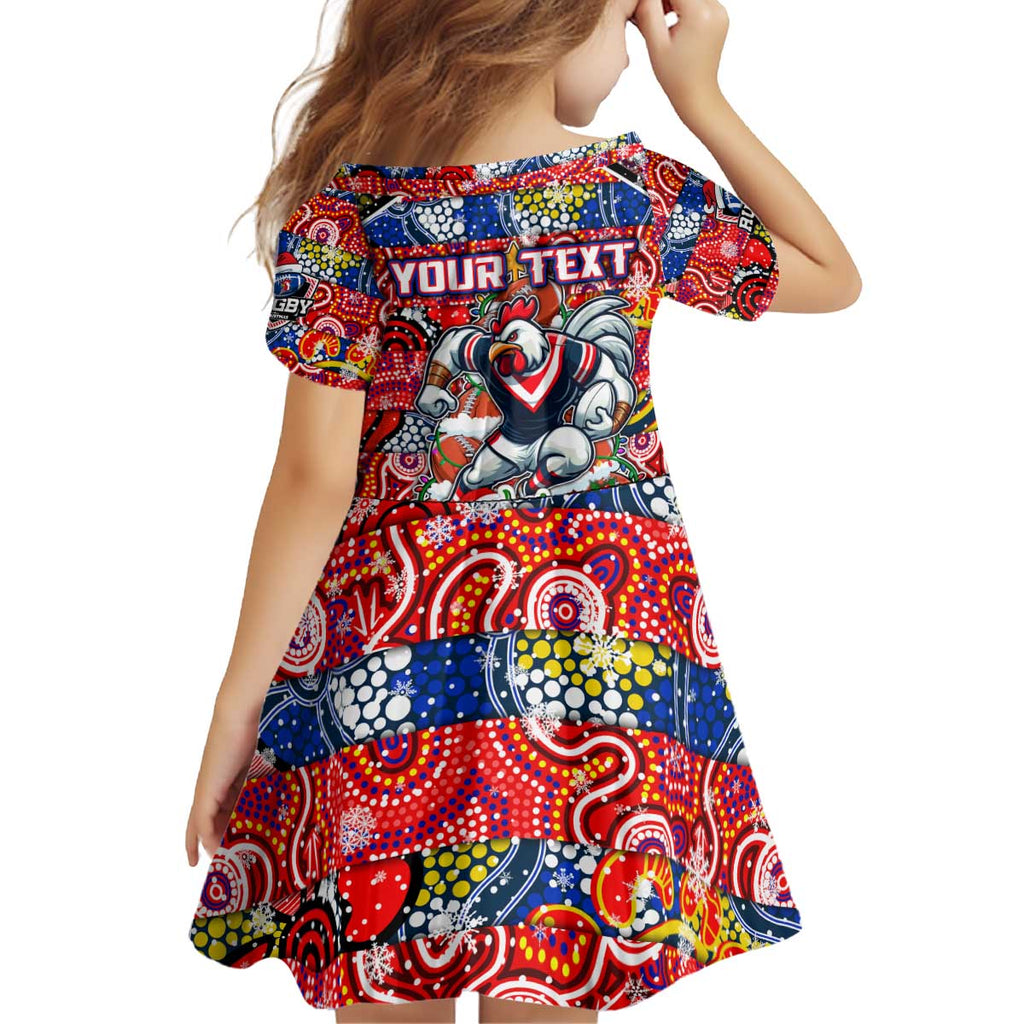 Custom Roosters Rugby Merry Christmas Kid Short Sleeve Dress Indigenous Australian Art