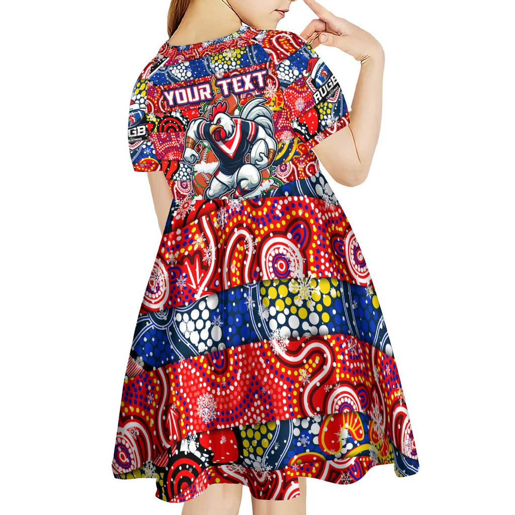 Custom Roosters Rugby Merry Christmas Kid Short Sleeve Dress Indigenous Australian Art