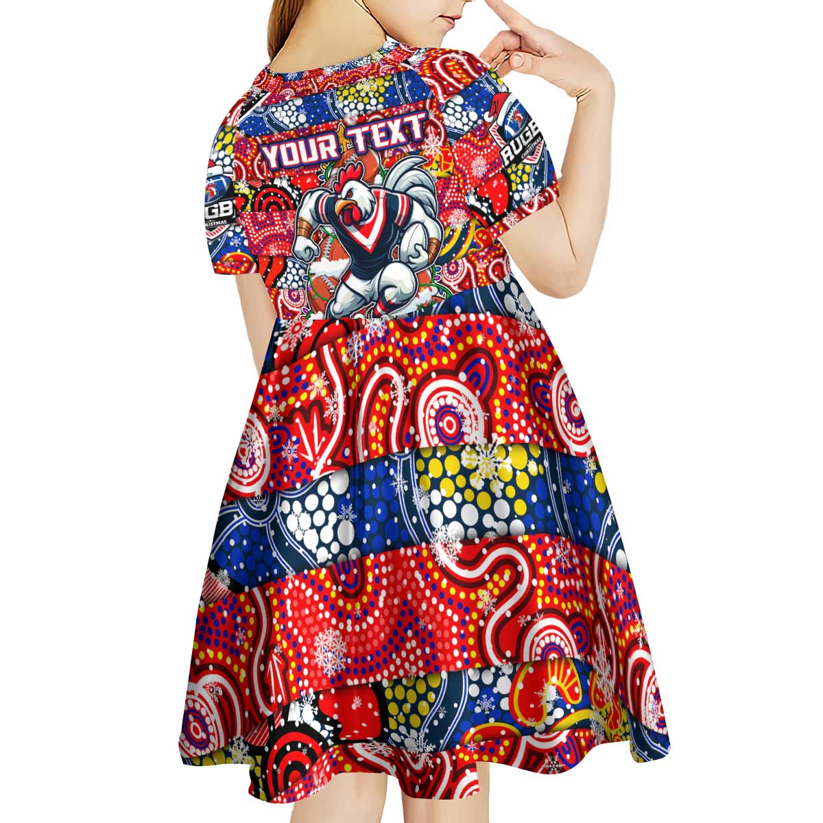 Custom Roosters Rugby Merry Christmas Kid Short Sleeve Dress Indigenous Australian Art