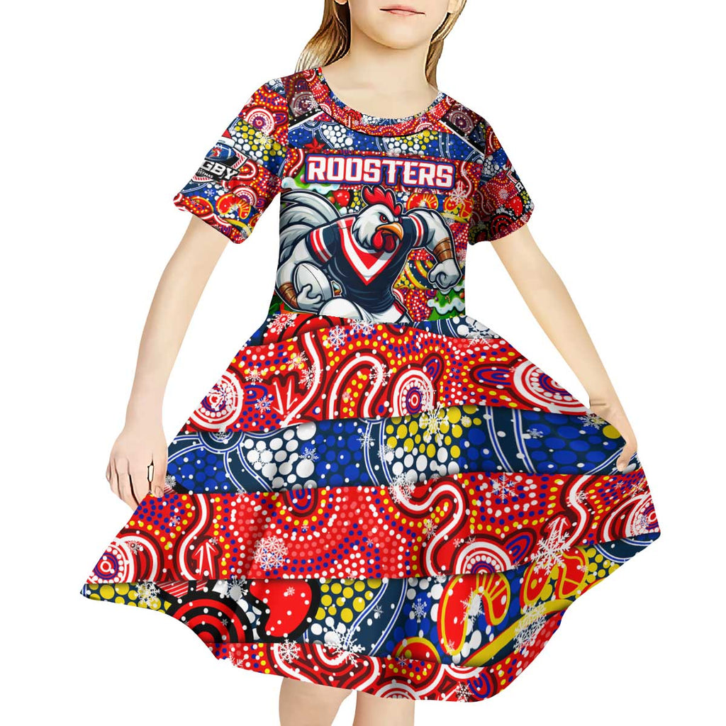 Custom Roosters Rugby Merry Christmas Kid Short Sleeve Dress Indigenous Australian Art