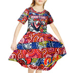 Custom Roosters Rugby Merry Christmas Kid Short Sleeve Dress Indigenous Australian Art