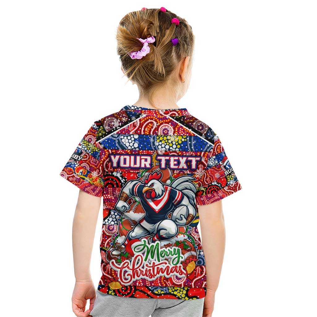 Custom Roosters Rugby Merry Christmas Kid T Shirt Indigenous Australian Art