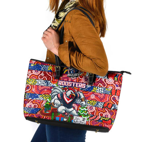Roosters Rugby Merry Christmas Leather Tote Bag Indigenous Australian Art