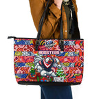Roosters Rugby Merry Christmas Leather Tote Bag Indigenous Australian Art