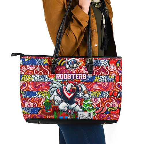 Roosters Rugby Merry Christmas Leather Tote Bag Indigenous Australian Art