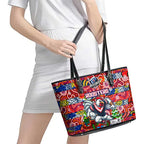 Roosters Rugby Merry Christmas Leather Tote Bag Indigenous Australian Art