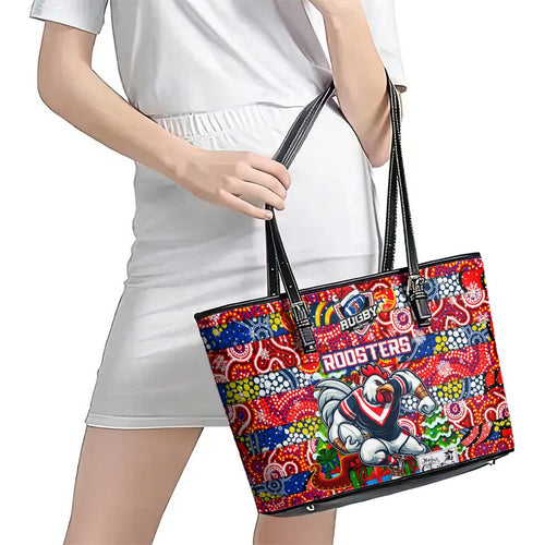 Roosters Rugby Merry Christmas Leather Tote Bag Indigenous Australian Art