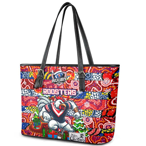 Roosters Rugby Merry Christmas Leather Tote Bag Indigenous Australian Art