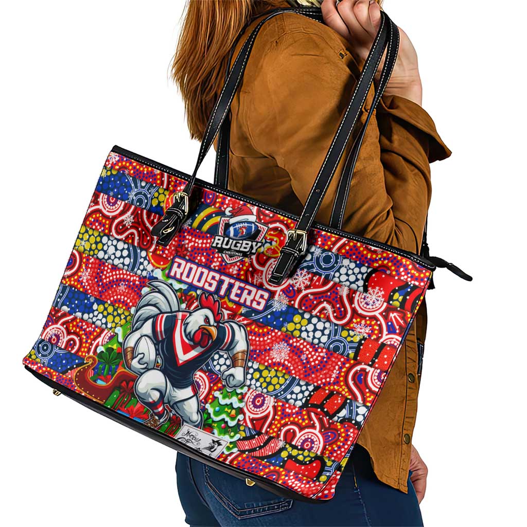 Roosters Rugby Merry Christmas Leather Tote Bag Indigenous Australian Art