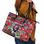 Roosters Rugby Merry Christmas Leather Tote Bag Indigenous Australian Art