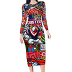 Custom Roosters Rugby Merry Christmas Long Sleeve Bodycon Dress Indigenous Australian Art