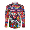 Custom Roosters Rugby Merry Christmas Long Sleeve Button Shirt Indigenous Australian Art