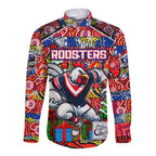 Custom Roosters Rugby Merry Christmas Long Sleeve Button Shirt Indigenous Australian Art