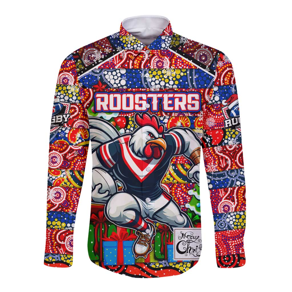 Custom Roosters Rugby Merry Christmas Long Sleeve Button Shirt Indigenous Australian Art