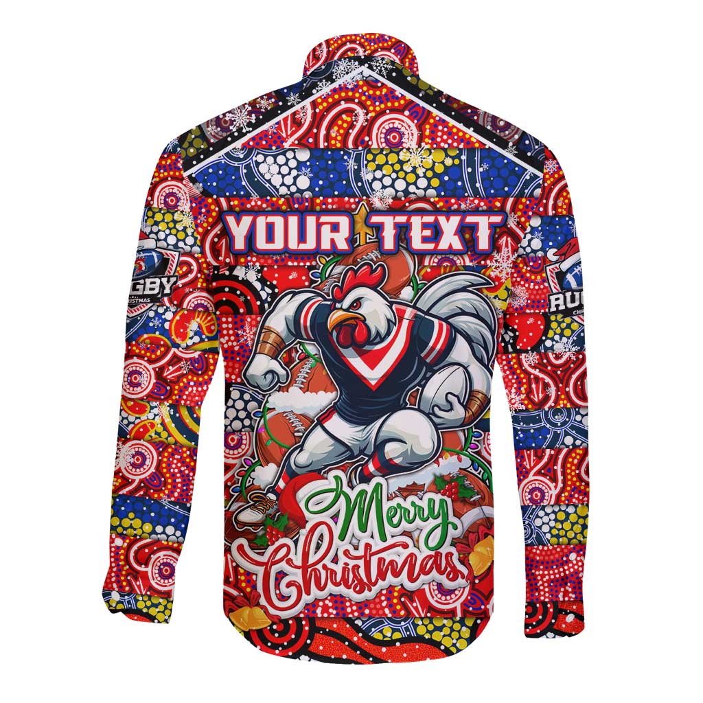 Custom Roosters Rugby Merry Christmas Long Sleeve Button Shirt Indigenous Australian Art