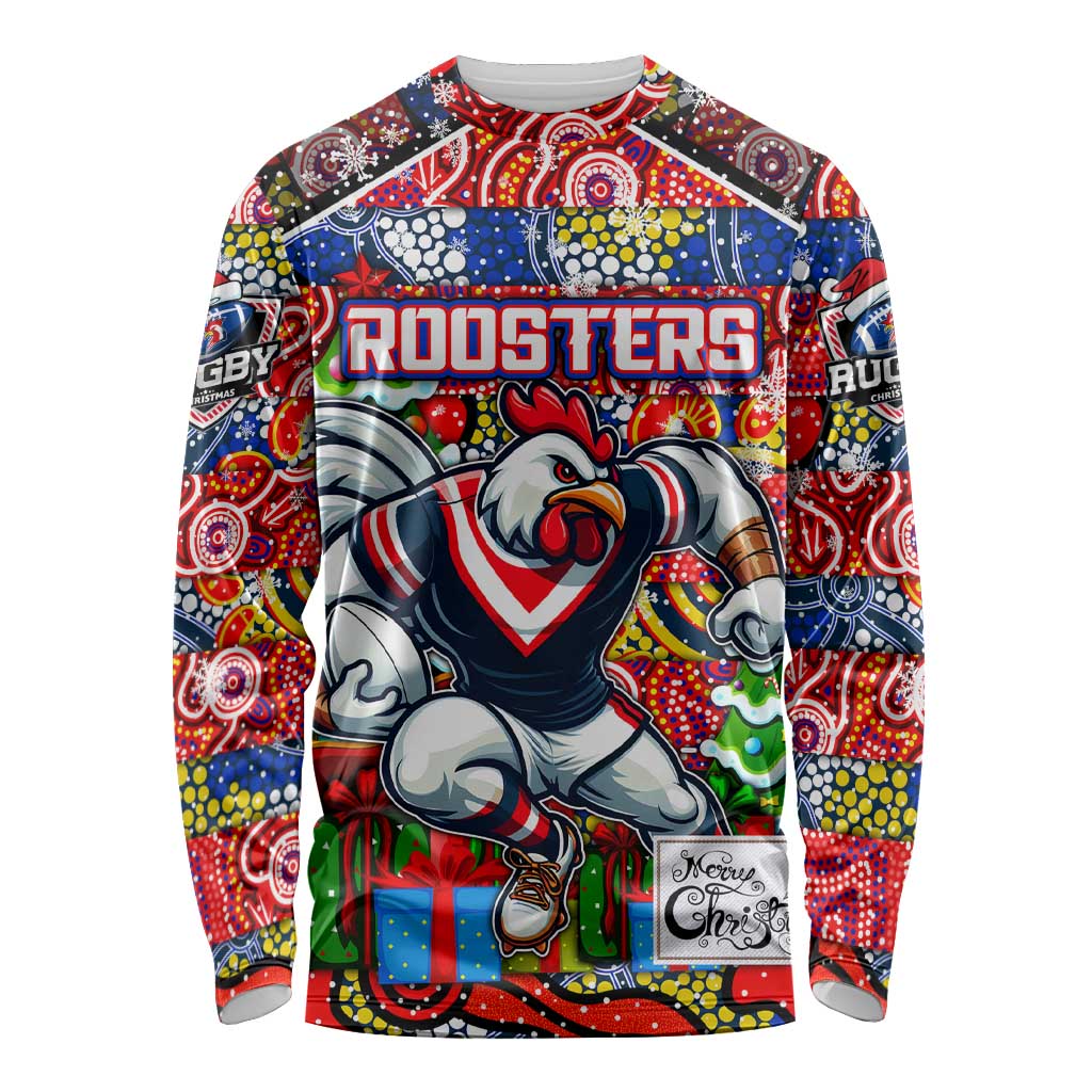 Custom Roosters Rugby Merry Christmas Long Sleeve Shirt Indigenous Australian Art
