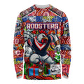 Custom Roosters Rugby Merry Christmas Long Sleeve Shirt Indigenous Australian Art