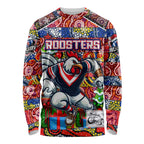 Custom Roosters Rugby Merry Christmas Long Sleeve Shirt Indigenous Australian Art