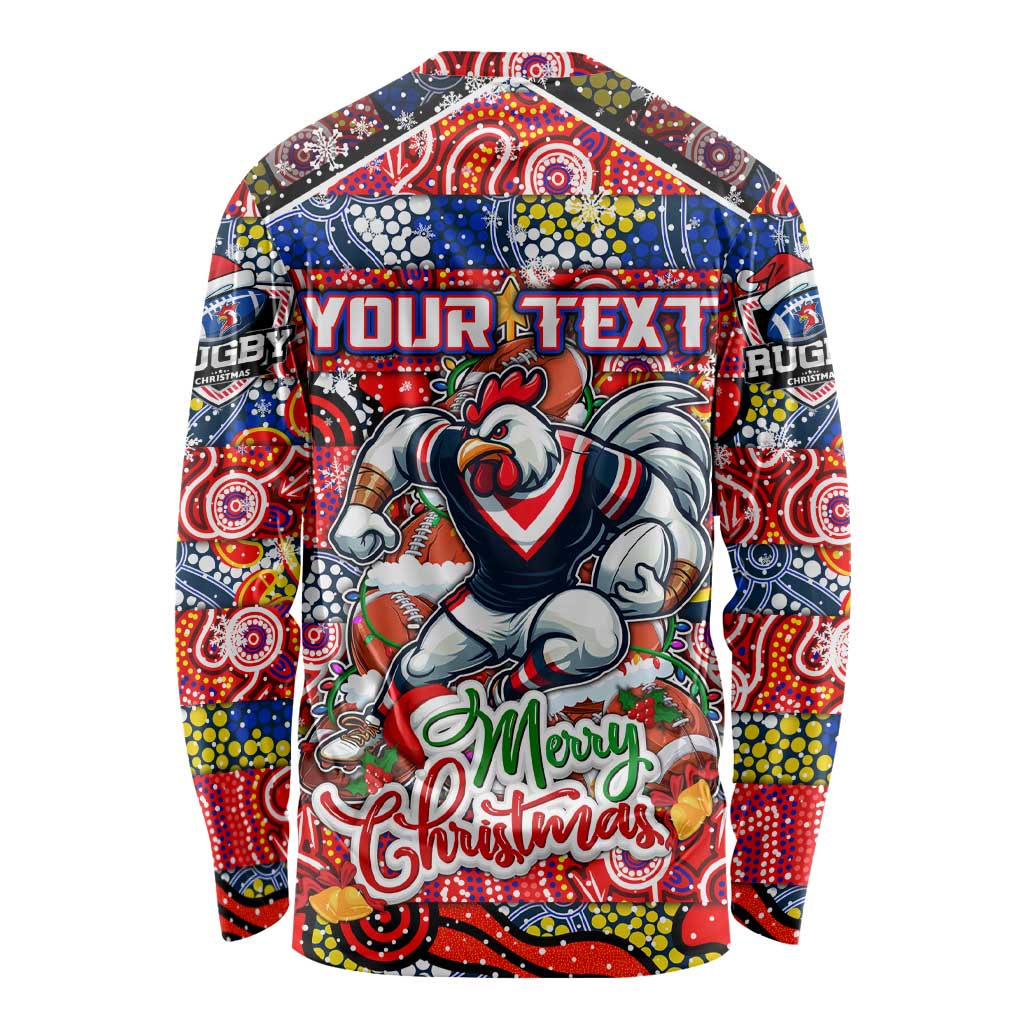 Custom Roosters Rugby Merry Christmas Long Sleeve Shirt Indigenous Australian Art
