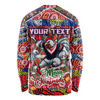 Custom Roosters Rugby Merry Christmas Long Sleeve Shirt Indigenous Australian Art