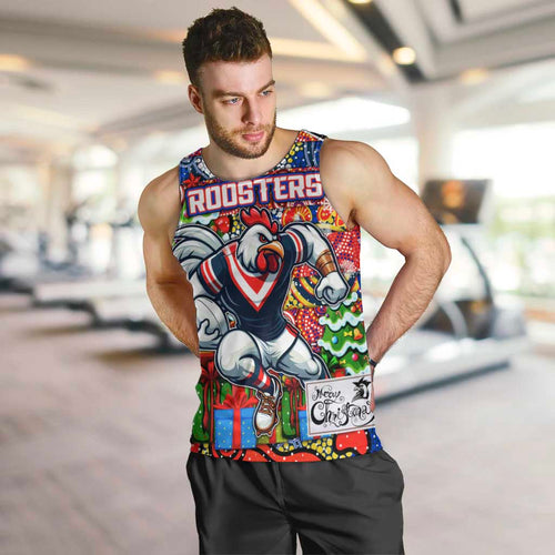 Custom Roosters Rugby Merry Christmas Men Tank Top Indigenous Australian Art