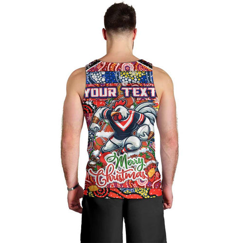 Custom Roosters Rugby Merry Christmas Men Tank Top Indigenous Australian Art
