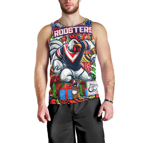 Custom Roosters Rugby Merry Christmas Men Tank Top Indigenous Australian Art