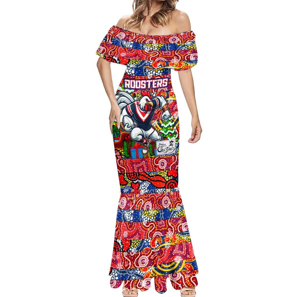 Custom Roosters Rugby Merry Christmas Mermaid Dress Indigenous Australian Art