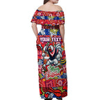 Custom Roosters Rugby Merry Christmas Off Shoulder Maxi Dress Indigenous Australian Art