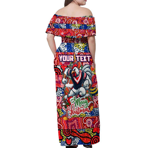 Custom Roosters Rugby Merry Christmas Off Shoulder Maxi Dress Indigenous Australian Art